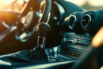 Poster - A close-up view of a car's dashboard showing the gear stick and surrounding details