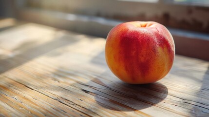 a red and yellow apple sitting on a wooden table