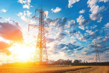 Poster - Sunset scene with power lines and open field, suitable for use in backgrounds or outdoor scenes