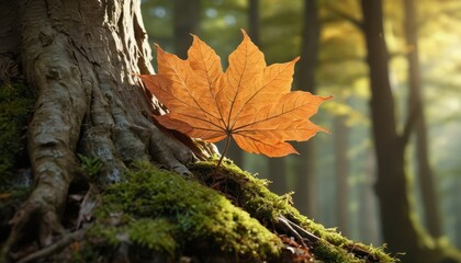 Poster - Single Maple Leaf on Mossy Tree Roots in Forest. with copy space for text