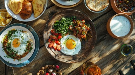 Wall Mural - Top view of a healthy Turkish breakfast on a wooden table in the morning light