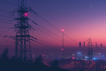 Poster - Urban landscape at night with power lines in focus