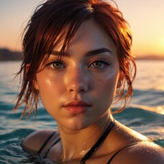 Poster - Woman with Red Hair in the Ocean at Sunset.