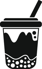 Wall Mural - Black silhouette icon of a bubble tea cup with tapioca pearls