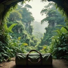 Poster - Green Duffel Bag in Front of Lush Jungle. with copy space for text