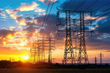 Aufkleber - Power lines silhouette at sunset with a warm glow
