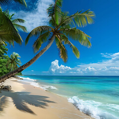 Palm trees on a tropical beach with turquoise water.