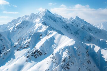 Poster - A serene winter scene featuring a snow-covered mountain with a clear blue sky