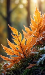 Wall Mural - Golden Fern Leaves in Sunlight and Frost