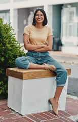 Wall Mural - Smile, crossed arms and face of business woman with positivity, happy and confident attitude. Entrepreneur, pride and portrait of professional, creative designer or freelancer in outdoor garden park