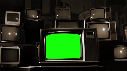 Wall Mural - vintage tv with green screen surrounded by multiple tvs – 80s aesthetic, sepia tone, dolly in moveme