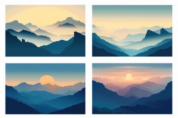 Poster - Four illustrations of a mountain range with varying landscapes and weather conditions