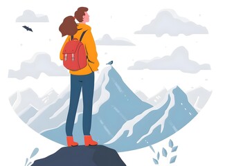 Wall Mural - Couple Standing on Mountain Top with Backpacks