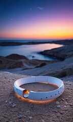 Poster - White Ring Sculpture at Sunset with Starry Sky. with copy space for text