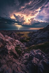 Poster - A serene sunset scene with a rocky landscape in the foreground