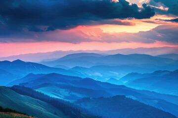 Poster - A scenic view of a mountain range at sunset with warm colors and misty atmosphere