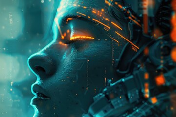 Poster - Close-up shot of a woman's face with glowing eyes, great for fantasy or supernatural concepts
