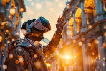 Poster - A person wearing a virtual reality headset walking on a urban road, ideal for tech-related or futuristic concepts