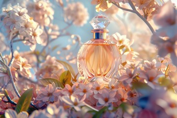 Canvas Print - A perfume bottle sits atop a tree branch, surrounded by foliage