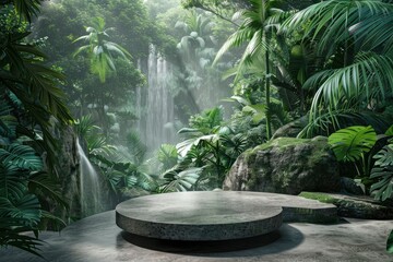 Wall Mural - Stone platform pedestal in tropical forest for product presentation and green forest.3D rendering - generative ai