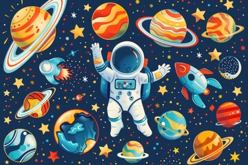 Aufkleber - An astronaut wearing a space suit floats among the planets in space, providing a stunning visual representation of space exploration
