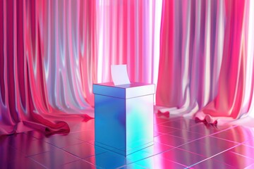 Poster - A pink curtain is visible behind a white box in this image