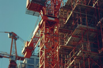Poster - A large red crane stands next to a tall building, offering a unique perspective