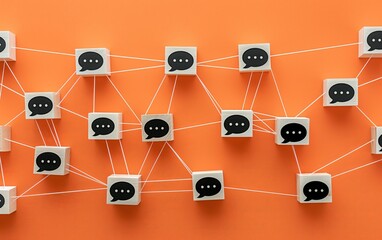 Wooden blocks with black chat icons connected by white lines on an orange background.