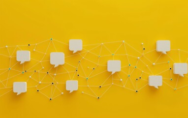 Aufkleber - A minimalist graphic of interconnected blocks with speech bubbles on a bright yellow background.