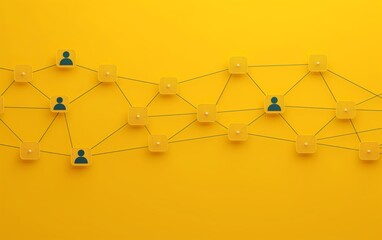 Aufkleber - A minimalist graphic of interconnected blocks with icons of people on a bright yellow background.