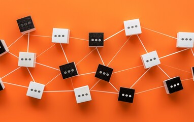Aufkleber - A minimalist arrangement of white and black wooden blocks with dots connected by lines on an orange background.