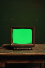 Poster - A green screen TV sitting on a wooden table, ideal for chroma keying and video production