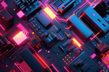 Poster - A close-up shot of a circuit board illuminated by neon lights, suitable for technology and electronics-related projects