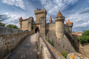 Poster - A medieval-inspired scene featuring a stone wall with a winding path leading to a majestic castle