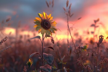 Aufkleber - A sunflower stands tall in the middle of a sunny field during sunset