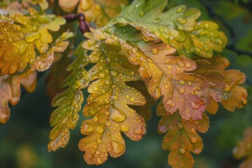 Poster - A detailed view of a leaf with water droplets glistening in the light