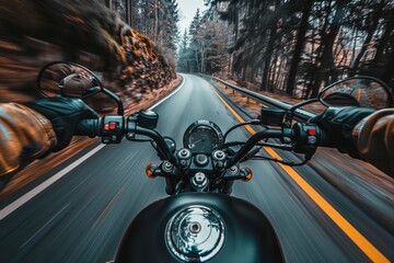 Wall Mural - A person rides a motorcycle along a winding country road, with trees and hills in the background