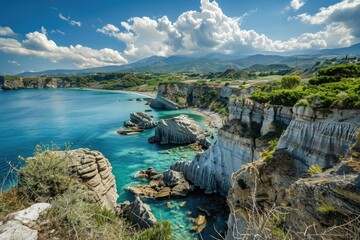 Poster - A breathtaking view of the ocean from a steep cliff, suitable for travel or adventure themes