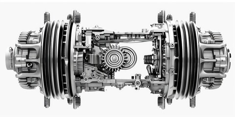 Wall Mural - A detailed view of an engine's components on a white surface, ideal for illustrating technical topics or showcasing machinery