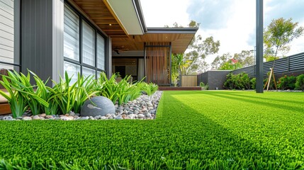 Wall Mural - The front yard of a contemporary Australian home or residential building showcases artificial grass lawn turf with timber edging