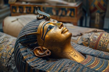 Poster - A golden statue of a woman with a bird perched on her head, ornate and detailed
