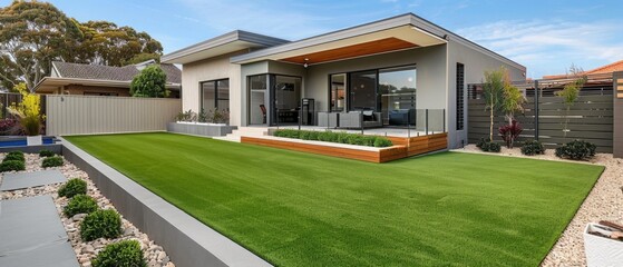 Sticker - The front yard of a contemporary Australian home or residential building showcases artificial grass lawn turf with timber edging