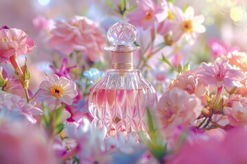 Poster - A luxurious perfume bottle surrounded by vibrant pink flowers, ideal for beauty and lifestyle advertising