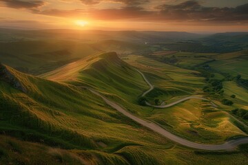Poster - Winding road at sunset with warm light and long shadows