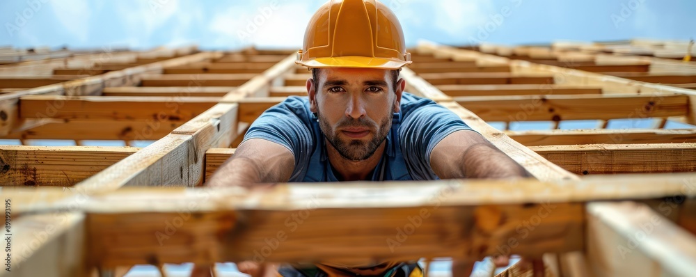 Construction Worker Handling Timber Beams in Roofing Structure on Site ...