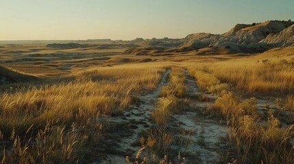 Poster - A dirt road winds its way through a grassy field, with a steep cliff in the background