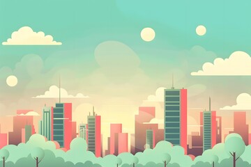 Cartoon Illustration of a Modern City Skyline at Sunset