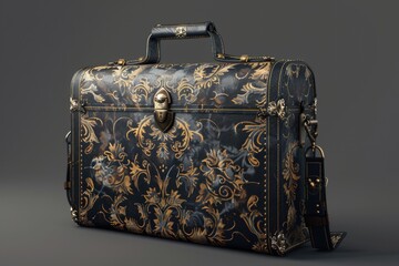Poster - A black and gold suitcase sits on a table, ready for travel