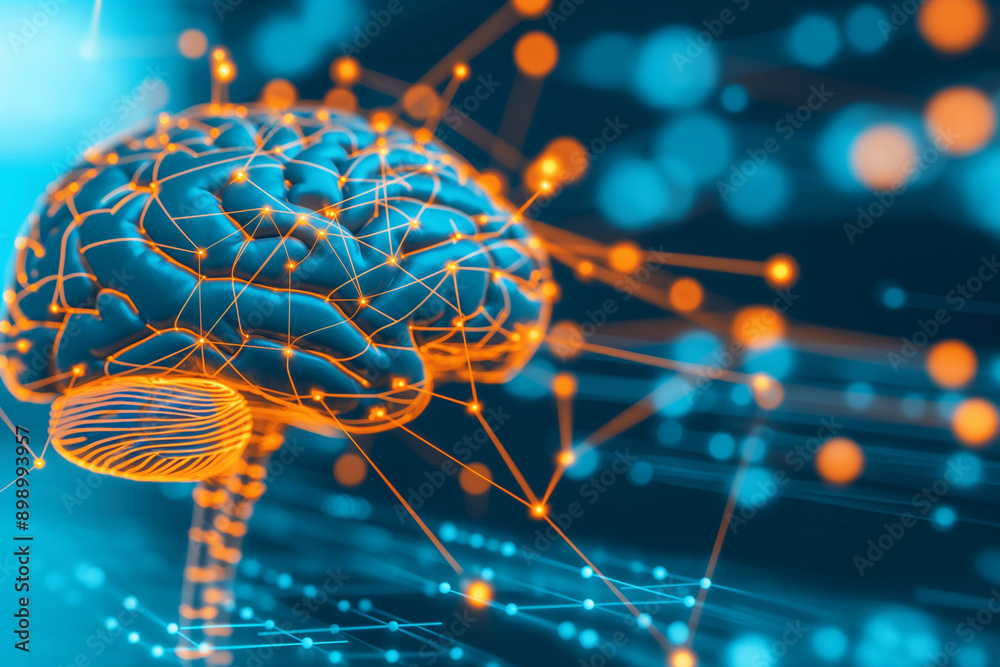 A blue digital brain with glowing connections, symbolizing advanced AI ...