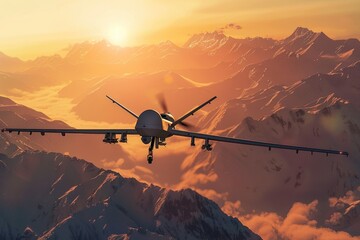 Aufkleber - Aerial view of a plane soaring above mountains during sunset